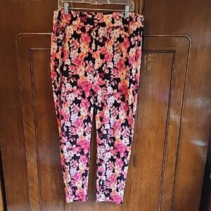 Floral Print Elastic Waist Women’s Pants - Pink on Black